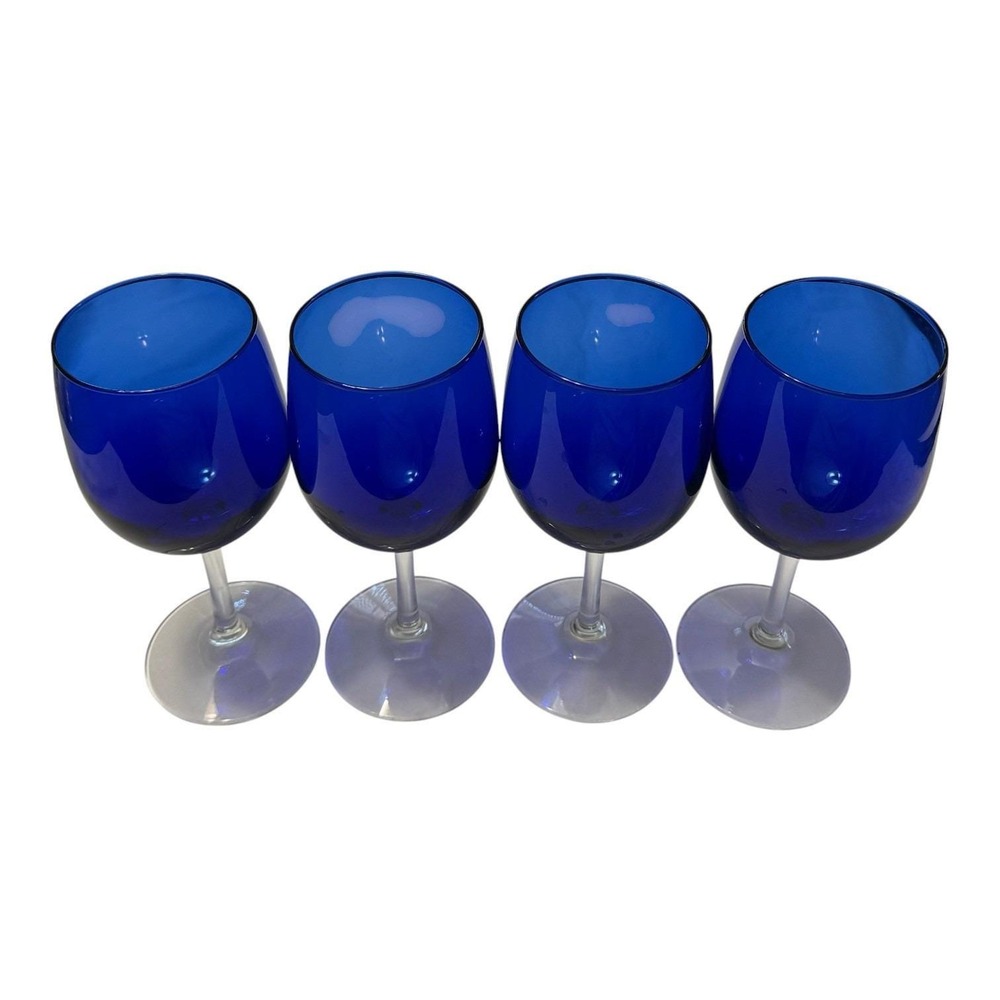 Vintage Cobalt Blue Wine Glasses Set of 4 Clear Stem Goblets Retro Barware